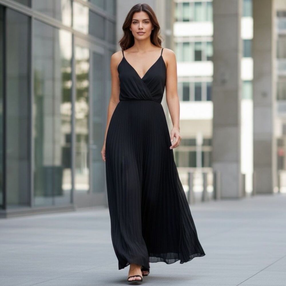 Open Edit Black Pleated Maxi Dress Women’s Medium V Neck Sleeveless NWT